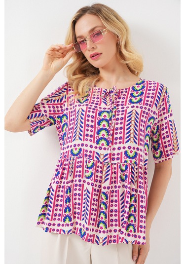 Kadın Desenli Kısa Kol Bluz 969 - Fuşya FUŞYA