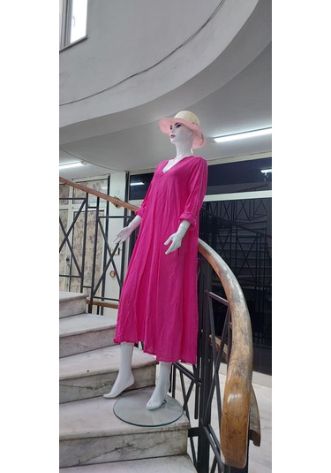 İtalyan V Yaka Uzun Kol Keten Elbise-8907 Pembe