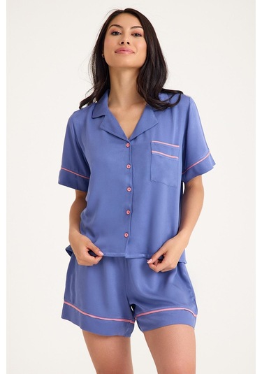Dream Gri Mavi Viskon Kısa Kollu Şortlu Önden Düğmeli Pijama Takım Mavi