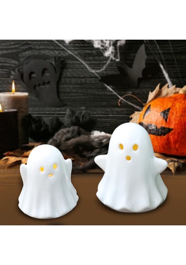 Homyl Cadılar Bayramı Ev Rafı Için 2 Adet Led Seramik Hayalet 16cmx11,5cmx10,5cm