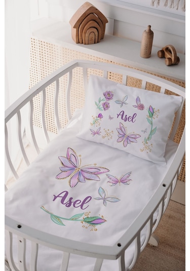 %100 Pamuk Saten Isme Özel Isimli Anne Yanı Beşik Nevresim Takımı Kelebek 1