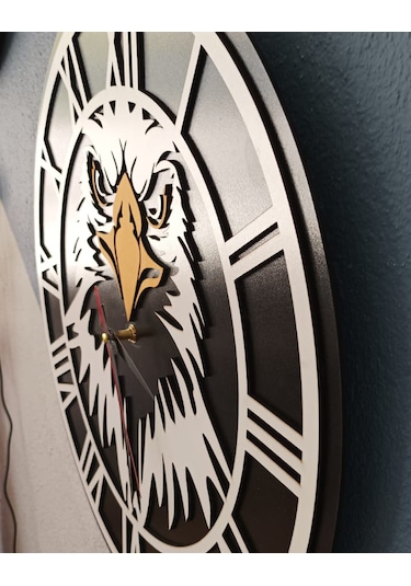 Kartal Temalı Beşiktaş Duvar Saati Dekoratif Taraftar Saati Ahşap - Siyah