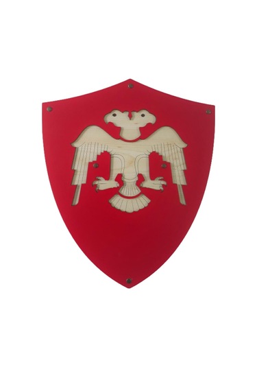 Ahşap Çift Başlı Selçuklu Kalkanı ve Kılıcı  Kırmızı
