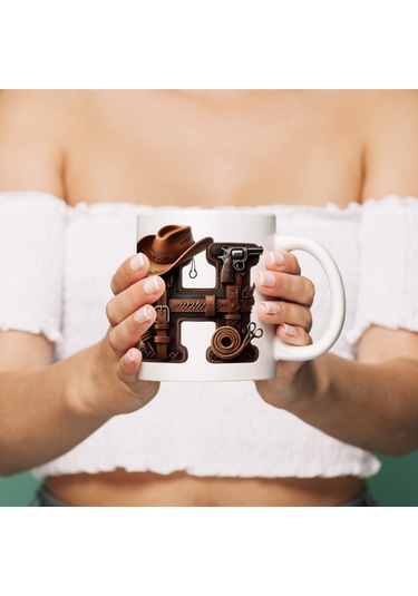 H Harfi Kovboy Temalı Bardak 330 Ml İsim / Harf Kişiye Özel Hediye - Vahşi Batı Konsept Beyaz