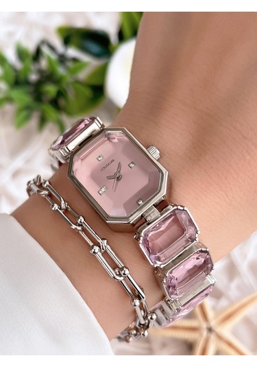 Coliseum Özel Tasarım Vintage Seri Taşlı Kordon Model Kadın Kol Saati+bileklik Hediyeli Cl8888.s06 Gümüş