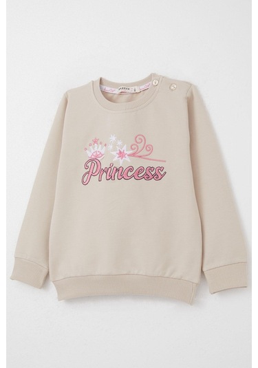 Breeze Kız Bebek Eşofman Takım Prenses Yazı Nakışlı 9 Ay-3 Yaş, Bej Bej