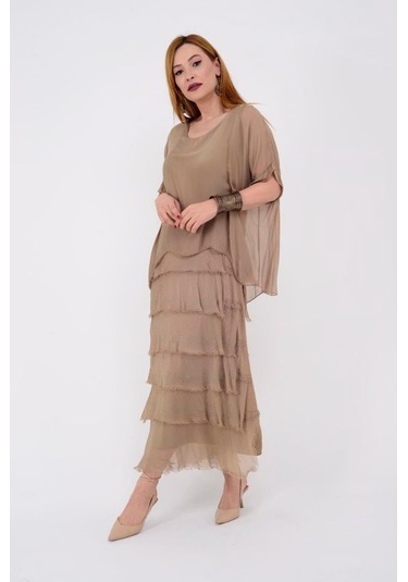 İtalyan 2 Beden İnce Gösteren Yarım Kol Kat Kat Ipek Elbise Camel