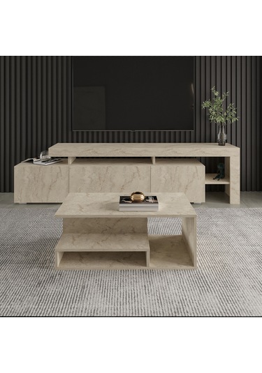 Vera Mini Orta Sehpa Modern Tasarım, Fonksiyonel Raflı Yap Traverten