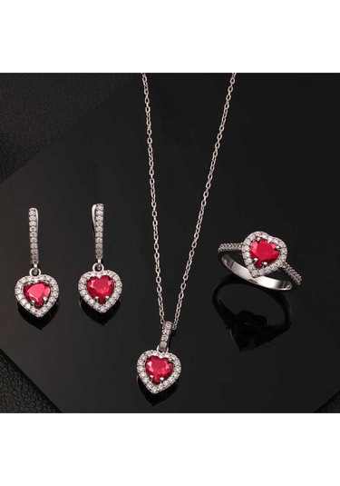 Casera's Gümüş Kırmızı Taşlı Kalpli Kadın Set Csr2185185 Gümüş
