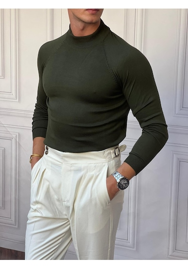 Modefendi Slimfit Kalıp Pamuklu Triko Yarım Balıkçı Triko Kazak Haki