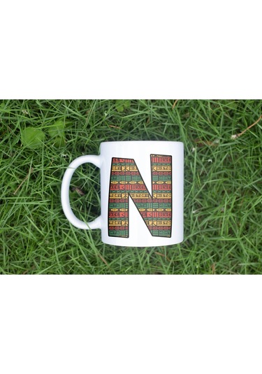 N Harfi Etnik Desenli Kupa - Afrika Tarzı Kahve Çay Kupası - Hediyelik - Black History Beyaz