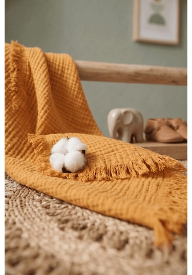Müslin Püsküllü 4 Katlı Müslin Battaniye 90x120 Cm - Ze4katlı Turuncu