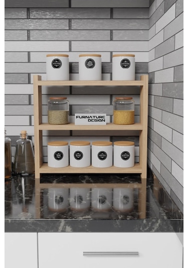 3 Raflı Tezgah Üstü Çok Amaçlı Baharatlık 40x10 Cm Atlantik Çam