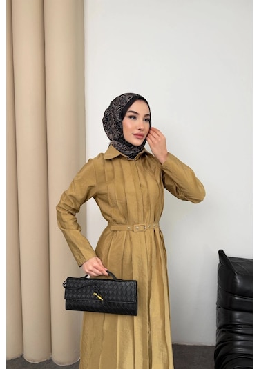 Mihran Butik Quenn Model Coupra Model Kumaş Kemer Detaylı Elbise Hardal