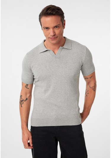 Gerhard Erkek Regular Fit Triko Polo Yaka T-shirt Gri Melanj