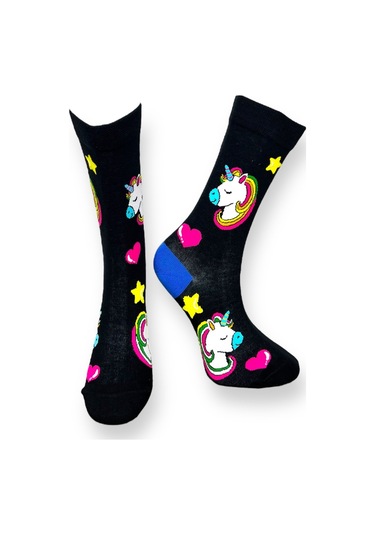 3'lü Unısex Unicorn Tasarımlı Gökkuşağı Ve Yıldız Detaylı Esnek Nem Alabilen Pamuklu Spor Soket Çoraplar Çok Renkli
