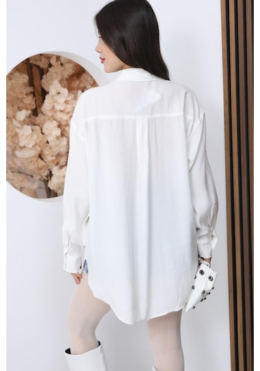 Kadın Beyaz Oversize Uzun Basic Gömlek