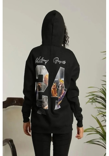 Defymoda Baskılı Oversize Üç İplik Kapüşonlu Sweatshirt - Siyah Siyah
