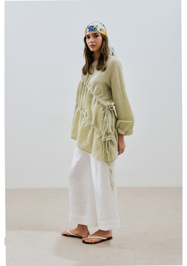 Büzgü Bağlamalı Dokulu Tunik Yeşil Yeşil