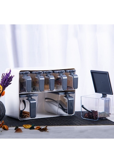 Herevin 161280 - 815 Standlı 8'li Baharatlık Seti Gri - Beyaz Beyaz - Gri