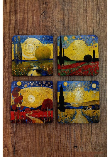 Doğal Taş Bardak Altlığı 4'lü Set 10x10x1 Cm Yapay Zeka Desenleri -stone Coasters Çok Renkli