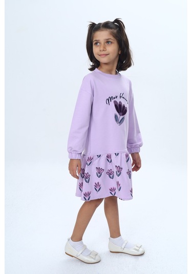 Toontoy Kız Çocuk Süzene Nakışlı Lale Baskılı Elbise Lila