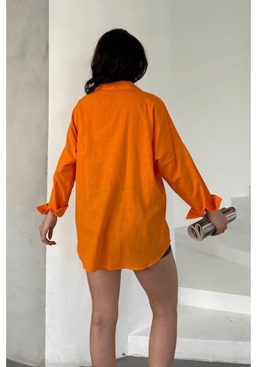 Paw Garage Kadın Harper Çift Cepli Oversize Keten Gömlek, 2025 Summer Collection Turuncu