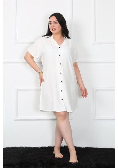 Akbeniz Büyük Beden Dokuma Düğmeli Beyaz Tunik Gecelik 1022-beyaz Beyaz