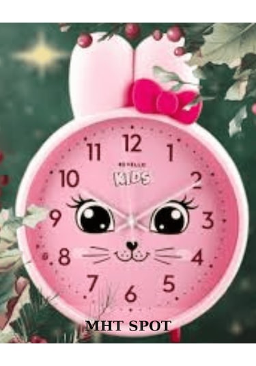 Gülen Kedi Figürlü Pembe Çocuk Duvar Saati Pembe