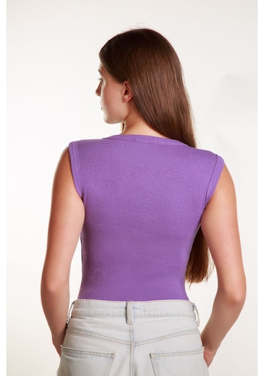 Kadın Lila Fitilli Likralı Sıfır Kol Bisiklet Yaka Örme Atlet Tshirt Bluz LILA