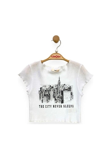 Çikoby Kız Çocuk The City Yazılı Crop-13749 Beyaz