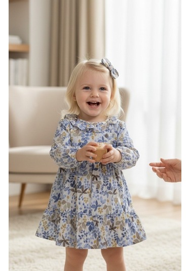 Çiçekli Kız Çocuk Elbise St09553 Mavi