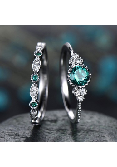 2 Pcs/set Women Fashion Zircon Gemstone Ring 10 Green Çok Renkli