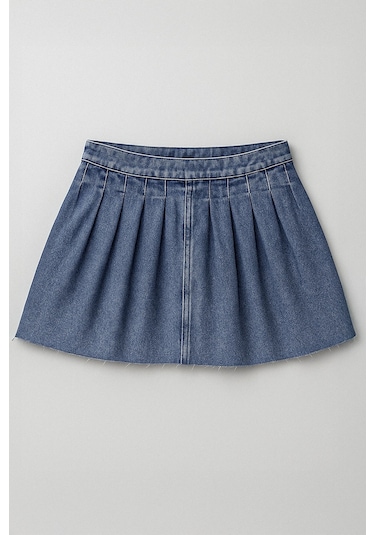 Kadın Şık Pileli Yazlık Mini Jean Etek Mavi