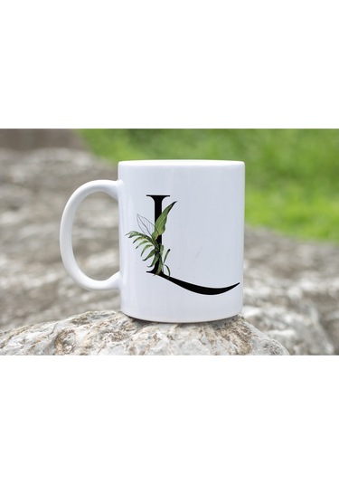L Harf Zarif Yaprak Desenli Kupa Bardak - Naturel Sade Alfabe Harfli Bardak - Kişiye Özel Hediye Beyaz