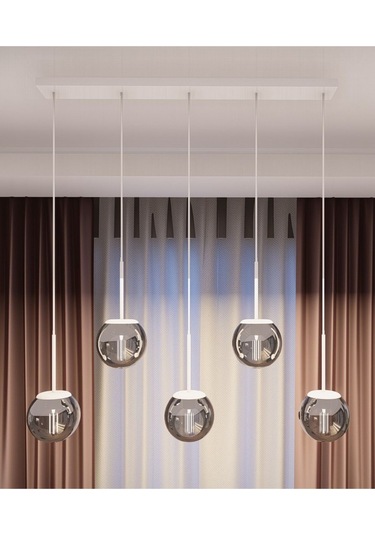 Dora Beyaz Metal Gövdeli 5'li Füme Cam Avize - Modern Sıralı Sark 1 ADET