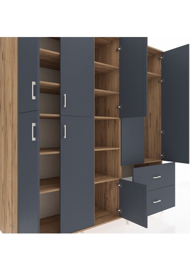 Kronos Dolap 12 Raflı 2 Çekmeceli Tek Askılı 220x59x243 Çam-antrasit/antrasit Antrasıt/antrasıt