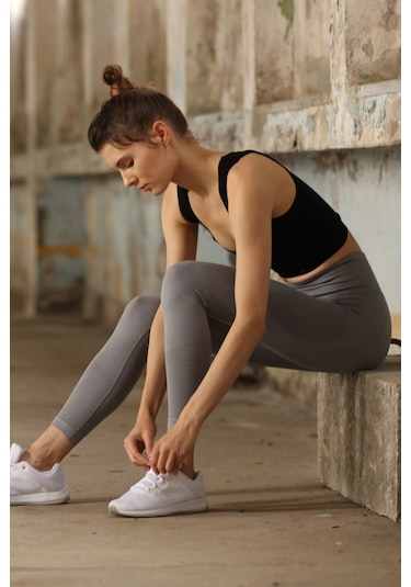 Jerf Gela Yüksek Bel, Esnek Ve Toparlayıcı Spor Tayt Gri