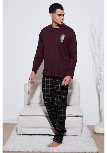 Buratti Ekoseli Regular Fit Yüksek Bel Cepli Bisiklet Yaka Erkek Pijama Takımı 6574002 Siyah-Bordo