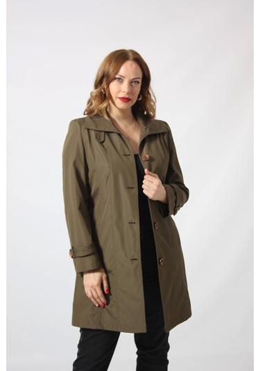 1671 Kolu Düğme Detaylı Uzun Kapişonlu Haki Büyük Beden Kadın Ceket Haki