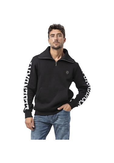 Cl605 Erkek Yarım Fermuarlı Sweatshirt "legendary" Kol Baskılı Ve Göğüs Logolu Kazak Siyah