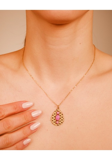 Lekka Design Kadın Takı Kararmaz Çelik Pudra Pembe Taşlı Damla Antik Kolye