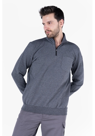 2 İplik Dik Yakalı Fermuarlı Sweatshirt Füme Melanj