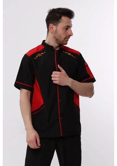 Uniprom Kısa Kollu Aşçı Ceketi Önlük Omuz Nakışlı Cepli Şef, Garson Siyah Kırmızı