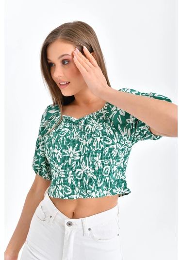 Kadın Çiçek Desenli Gipe Detay Balon Kol Crop Bluz Yeşil
