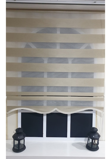 Zebra Stor Perde Organze Bej Etek Dilimli Stb905