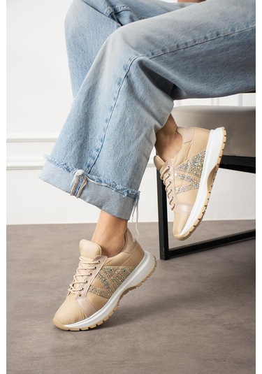 Shoetek Beatriz Kadın Sneakers Yandan Taşlı Bağcıklı Spor Ayakkabı Bej Bej