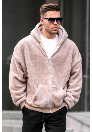 Bej Peluş Over Fit Kapüşonlu Fermuarlı Erkek Sweatshirt 6049 Bej