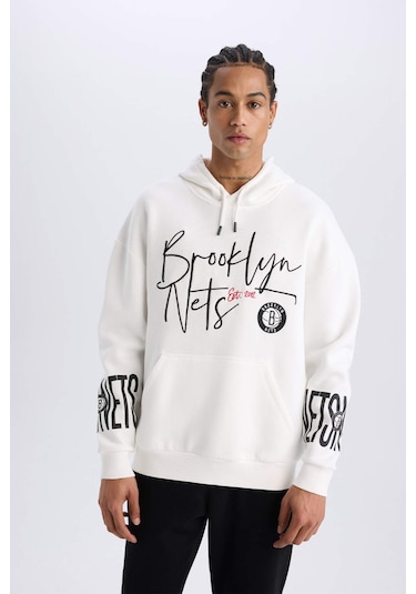 DeFactoFit NBA Brooklyn Nets Oversize Geniş Kalıp Kapüşonlu Kalın Sweatshirt D8513AX25SPER105
