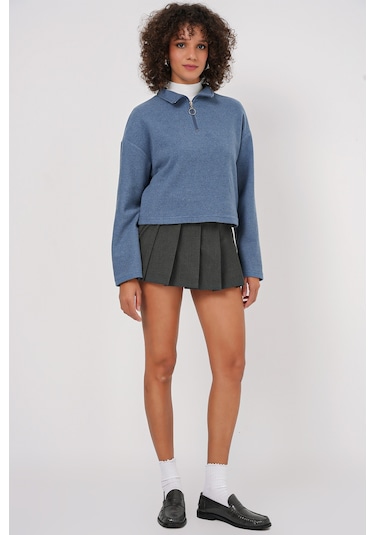 Bigdart 55449 Fermuarlı Yaka Örme Sweatshirt - İndigo